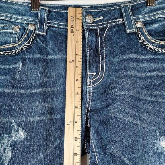 Miss Me Distressed Cropped Jeans Women’s 33 Medium Wash Denim Contrast Stitch - Picture 7 of 11